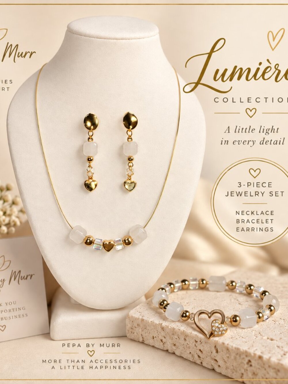 Lumière 3-Piece Jewelry Set | Gold & White Heart Necklace Bracelet Earrings
